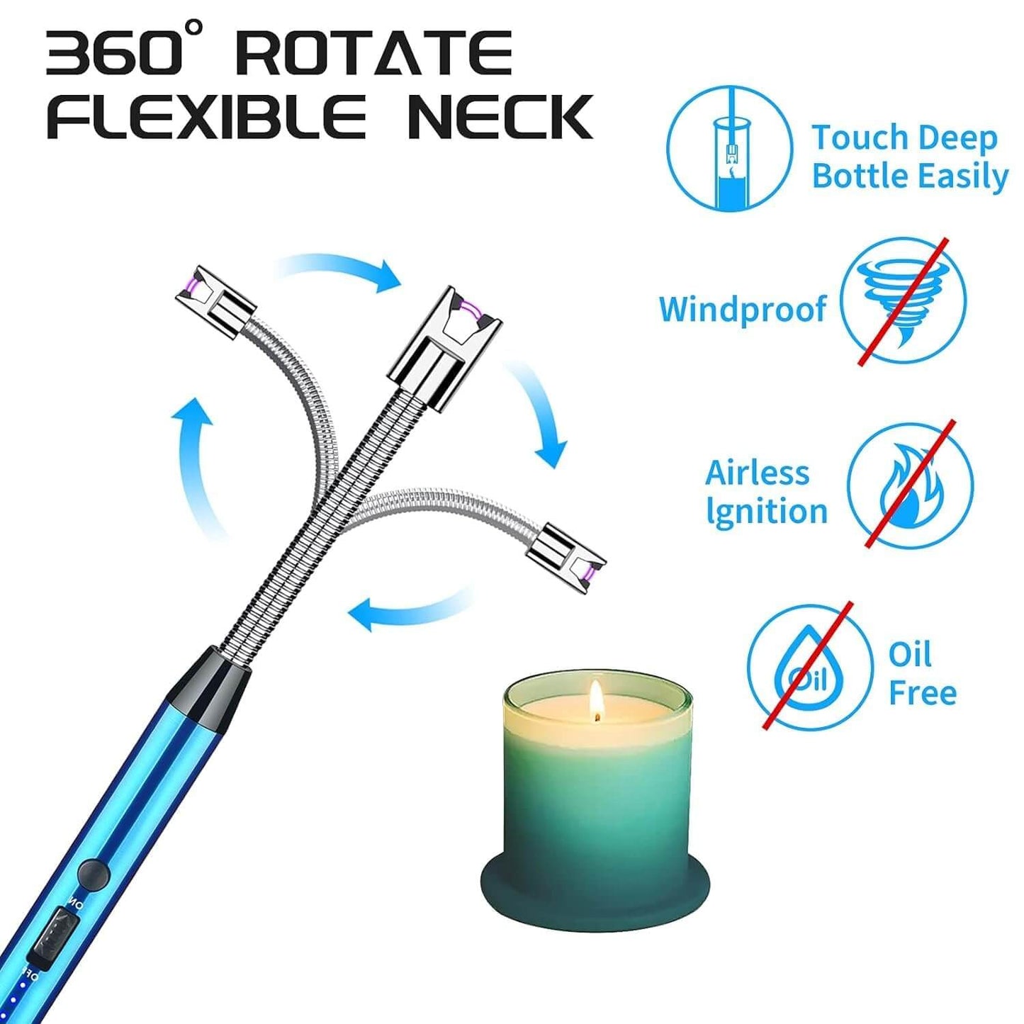 Arc Lighter Electric Rechargeable Gas Lighter - USB, Flameless, Windproof, 360° Flexible Neck - BUY 1 Get  Free