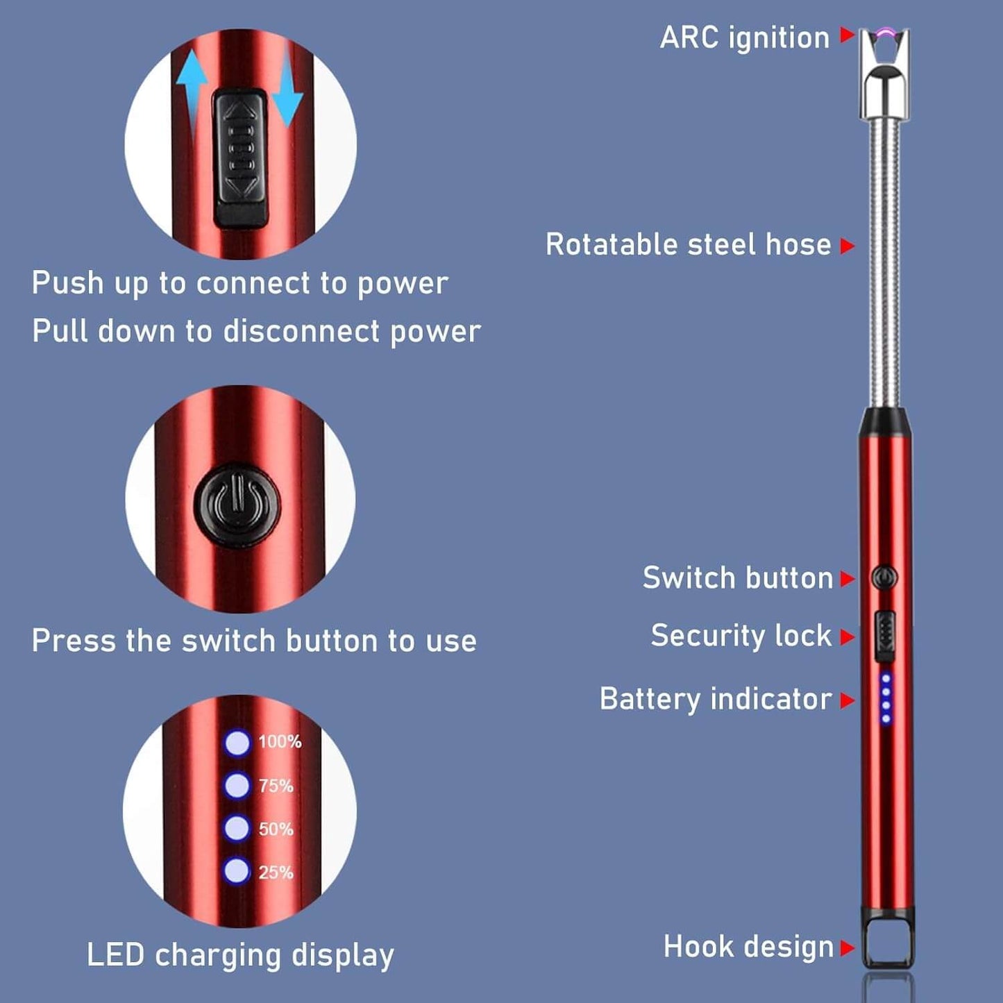 Arc Lighter Electric Rechargeable Gas Lighter - USB, Flameless, Windproof, 360° Flexible Neck - BUY 1 Get  Free
